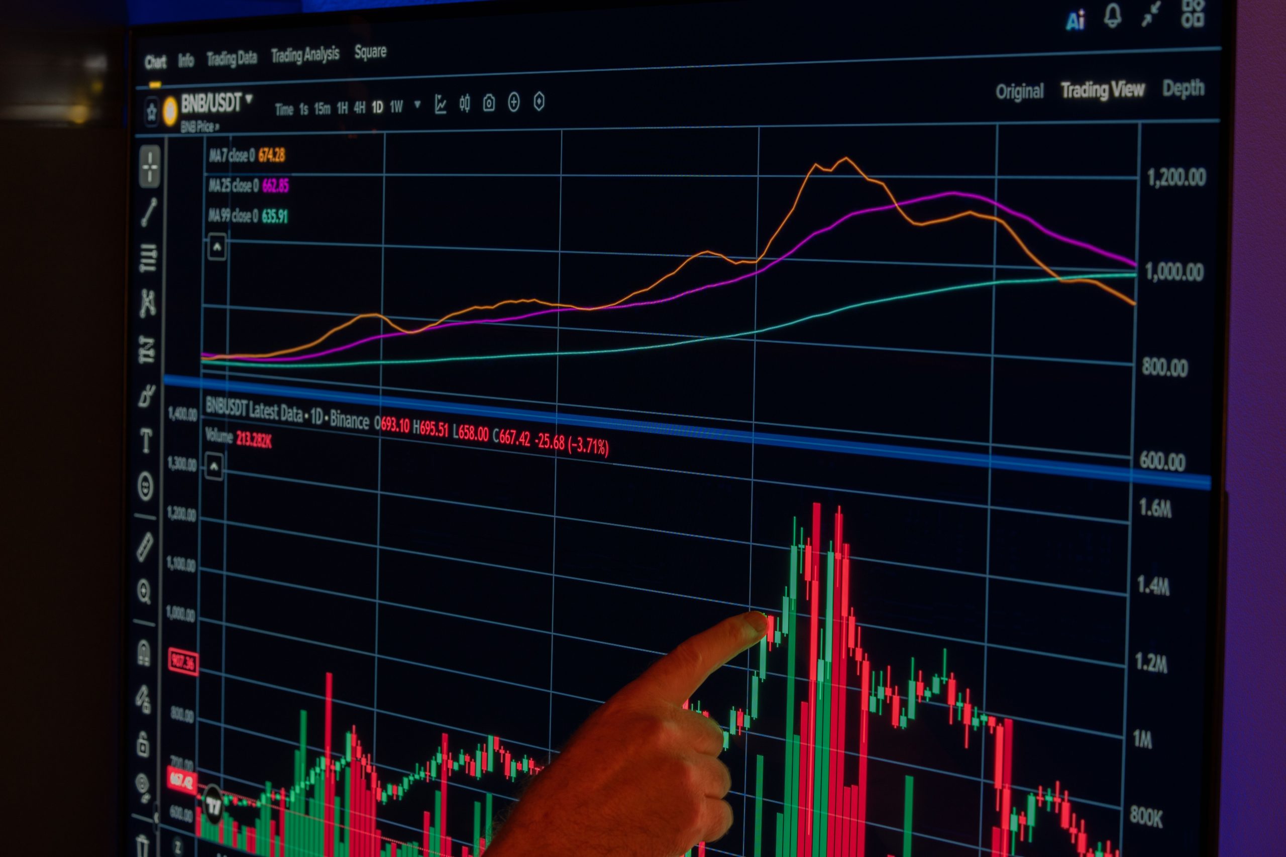 Main pointant graphique marché crypto dynamique écran