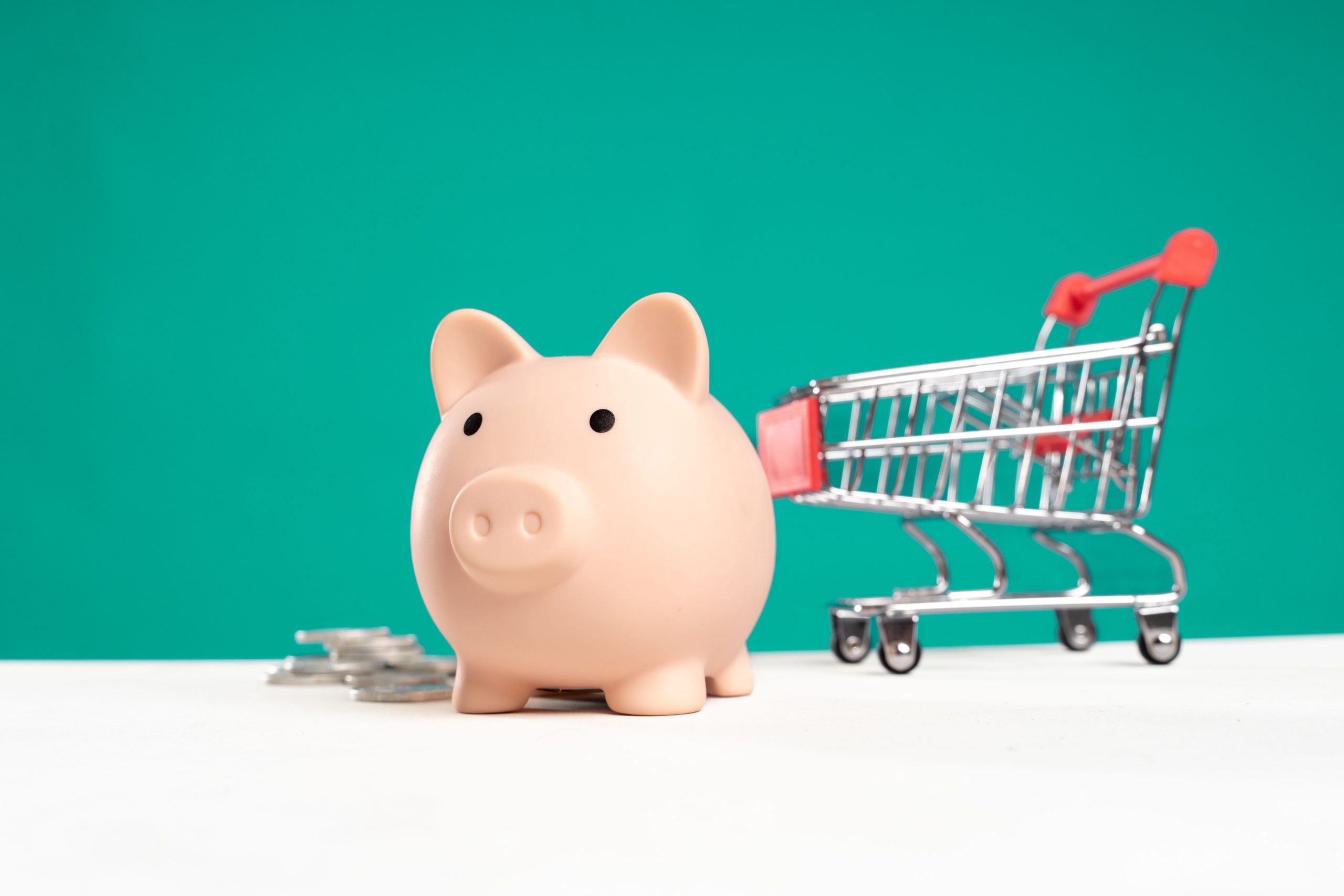 Tirelire, panier et pièces économies